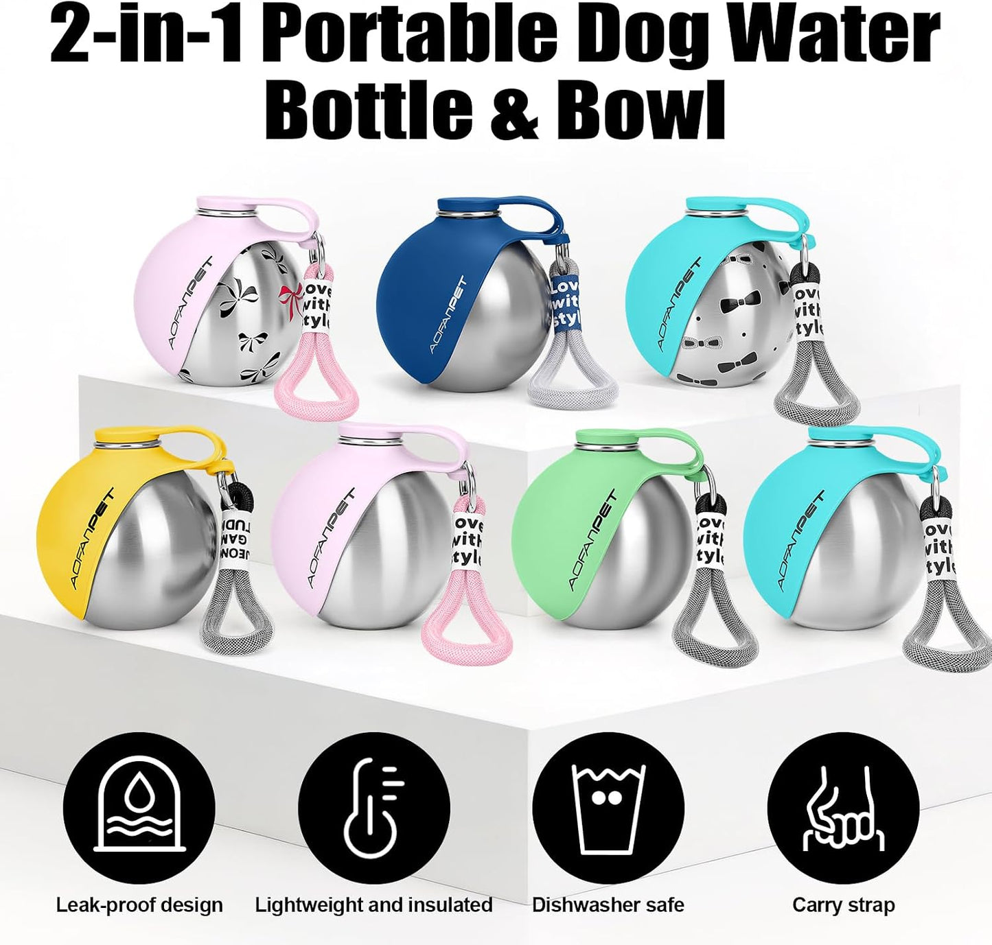 Portable Dog Water Bottle 10Oz Stainless Steel Travel Dog Water Dispenser with Bowl No-Spill Puppy Water Bottle for Walking Hiking Small Dog Water Bottle