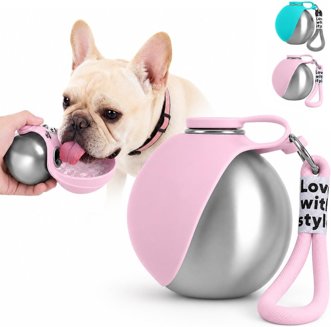 Portable Pet Dog Water Bottle with Silicone Collapsible Bowl, 10 Oz Pink | Stainless Steel Pet Travel Dispenser with Rope | Dogs on Walks Hiking Accessories | Puppy Small Pets Essentials