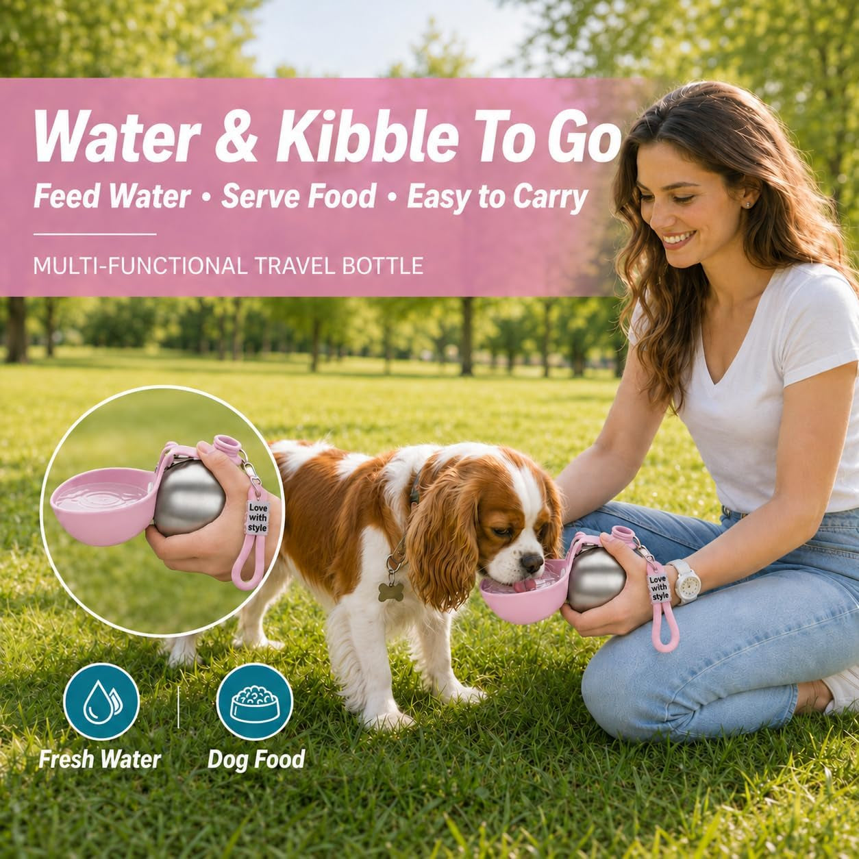 Portable Pet Dog Water Bottle with Silicone Collapsible Bowl, 10 Oz Pink | Stainless Steel Pet Travel Dispenser with Rope | Dogs on Walks Hiking Accessories | Puppy Small Pets Essentials