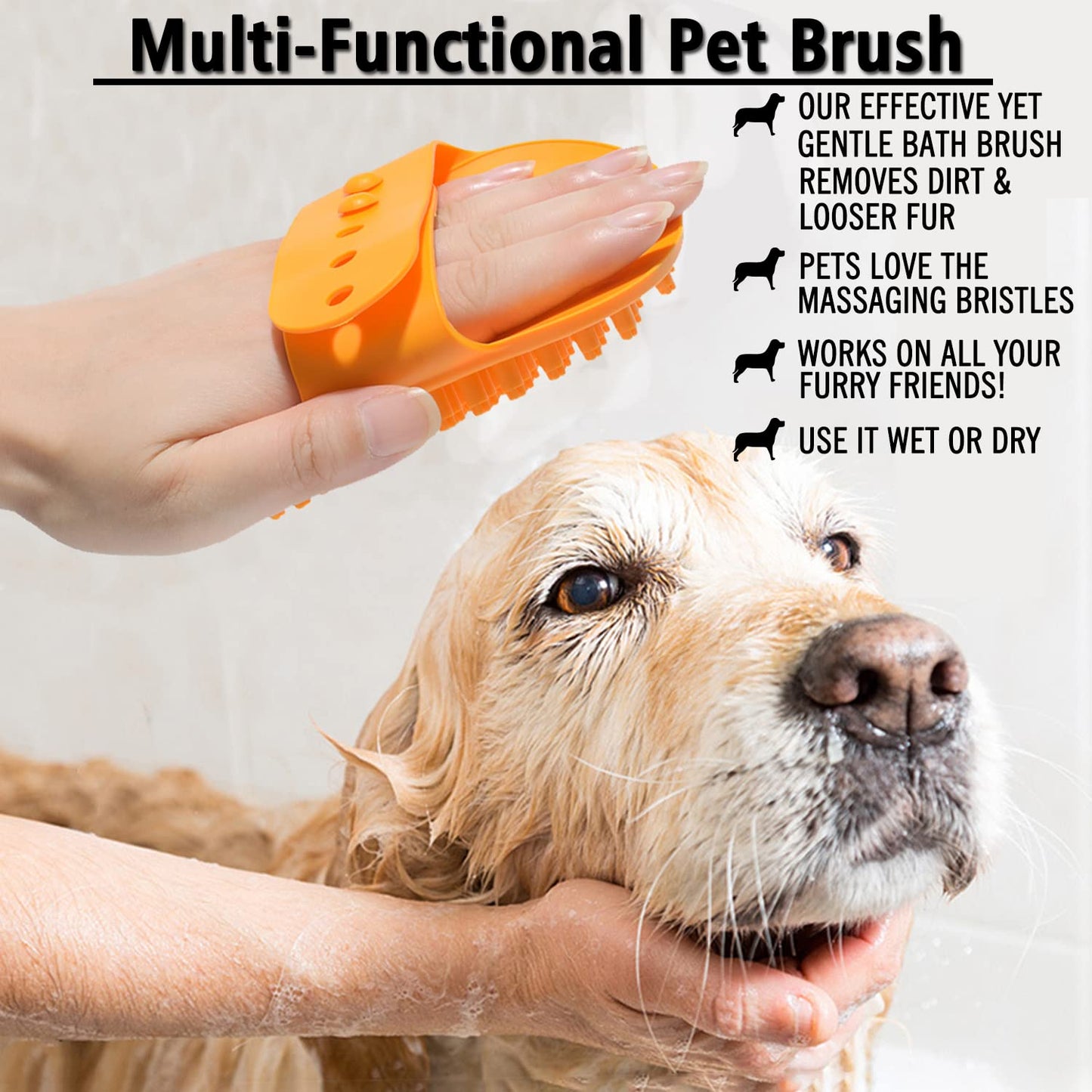 Dog Bath Brush, 2 Pcs Short Hair Grooming Brush for Dogs & Cats - Soothing Massage Rubber Bristles Curry Comb with Adjustable Handle