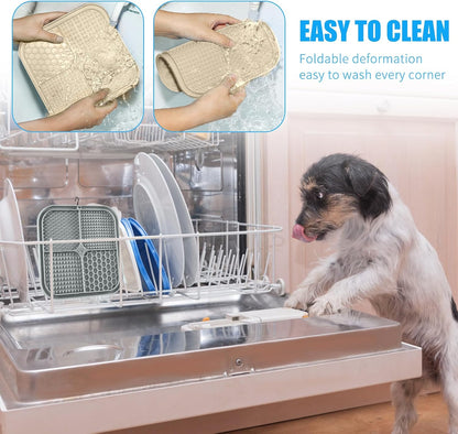 Lick Mat for Dogs, Premium Lick Pad with Suction Cups for Dog Anxiety Relief, Slow Feeder Dog Bowls, Bathing, Grooming and Training (Beige, Grey, 2Pack)