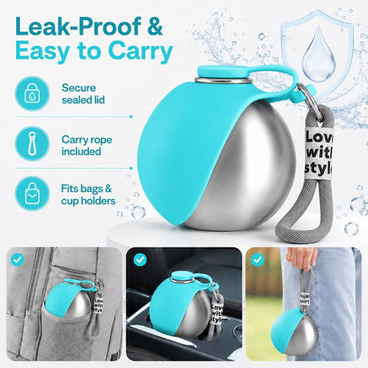 Portable Pet Dog Water Bottle with Silicone Collapsible Bowl, 10 Oz Blue | Stainless Steel Pet Travel Dispenser with Rope | Dogs on Walks Hiking Accessories | Puppy Small Pets Essentials