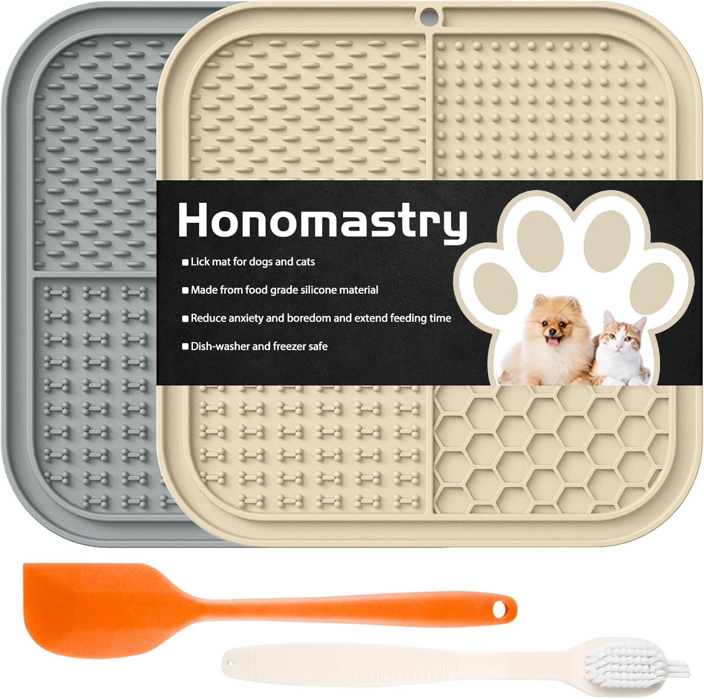 Lick Mat for Dogs, Premium Lick Pad with Suction Cups for Dog Anxiety Relief, Slow Feeder Dog Bowls, Bathing, Grooming and Training (Beige, Grey, 2Pack)