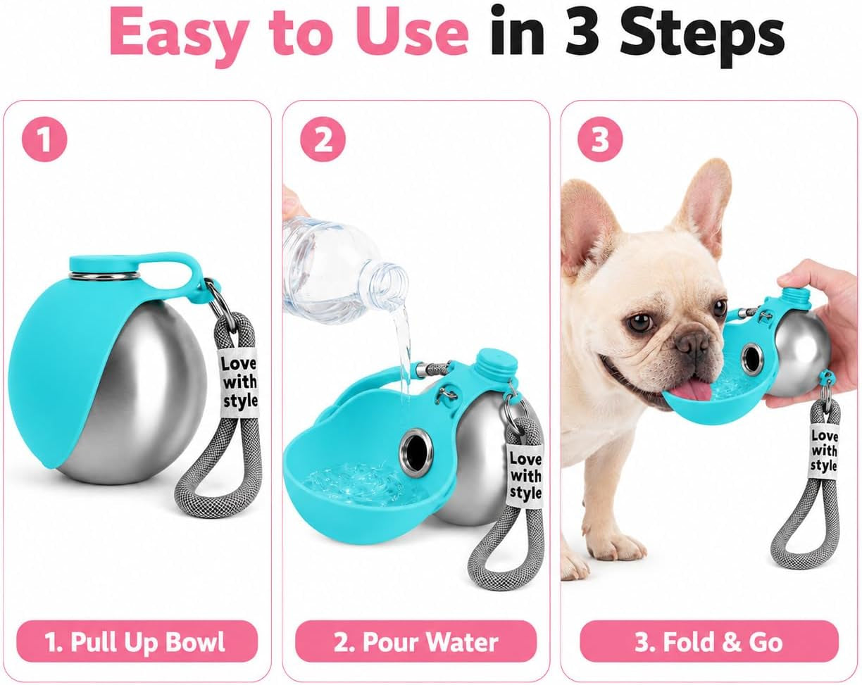 Portable Pet Dog Water Bottle with Silicone Collapsible Bowl, 10 Oz Blue | Stainless Steel Pet Travel Dispenser with Rope | Dogs on Walks Hiking Accessories | Puppy Small Pets Essentials
