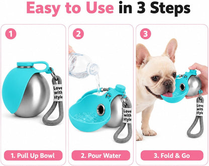 Portable Pet Dog Water Bottle with Silicone Collapsible Bowl, 10 Oz Blue | Stainless Steel Pet Travel Dispenser with Rope | Dogs on Walks Hiking Accessories | Puppy Small Pets Essentials
