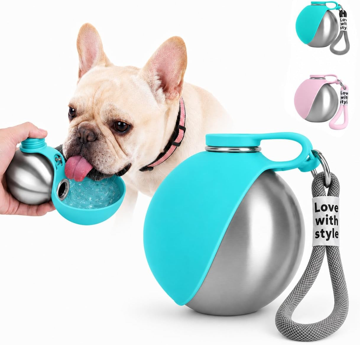 Portable Pet Dog Water Bottle with Silicone Collapsible Bowl, 10 Oz Blue | Stainless Steel Pet Travel Dispenser with Rope | Dogs on Walks Hiking Accessories | Puppy Small Pets Essentials