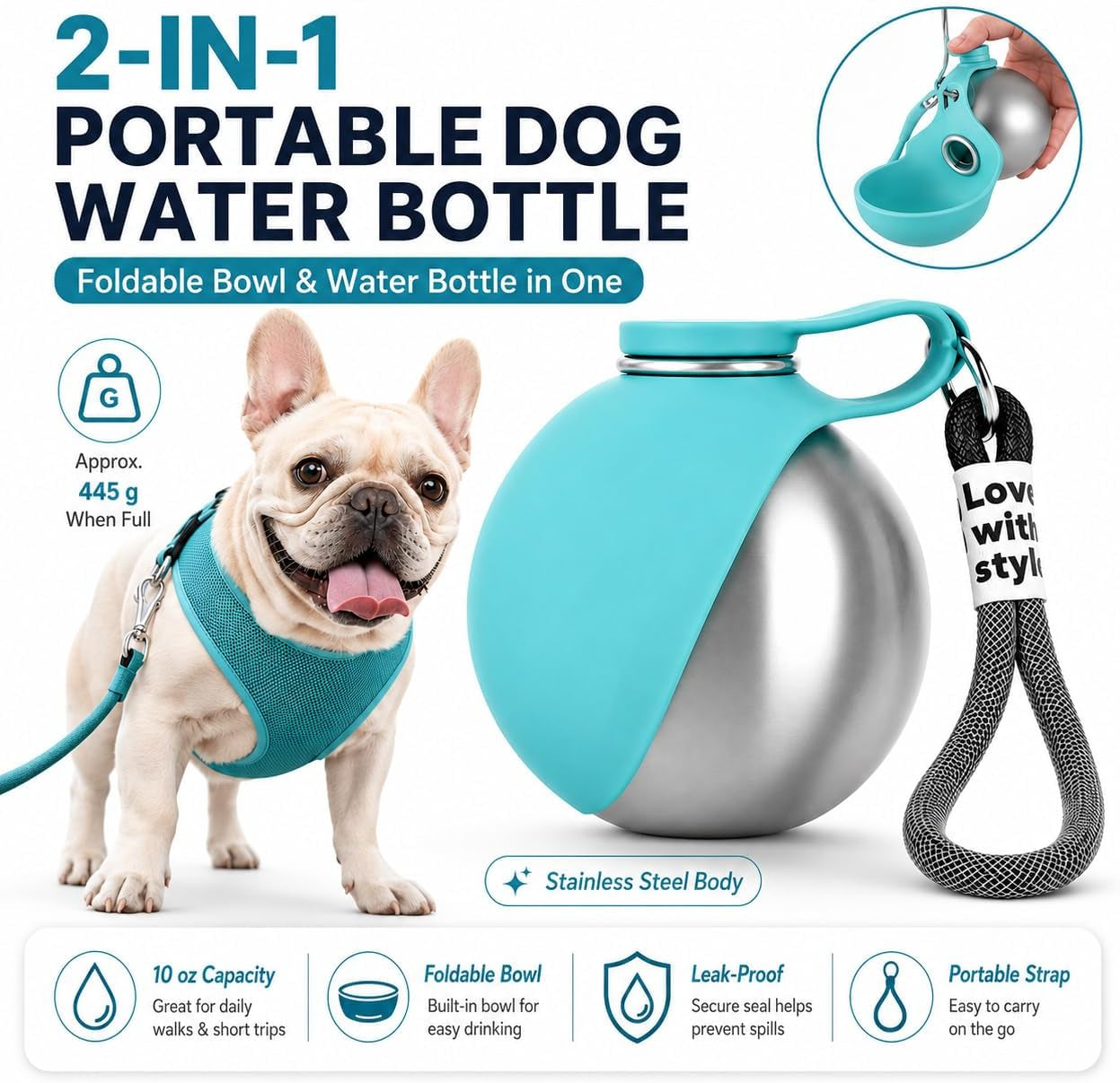 Portable Pet Dog Water Bottle with Silicone Collapsible Bowl, 10 Oz Blue | Stainless Steel Pet Travel Dispenser with Rope | Dogs on Walks Hiking Accessories | Puppy Small Pets Essentials